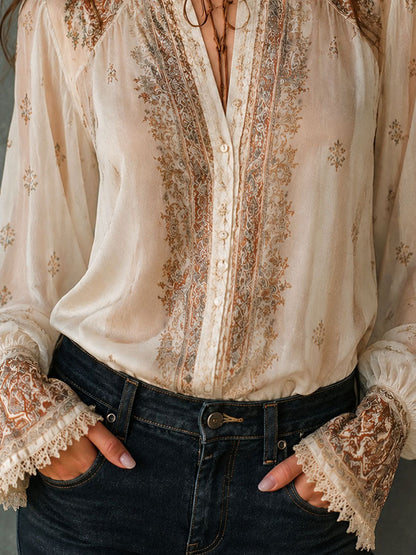 Boho Beige Paisley Print Sheer Lace Cuff Blouse