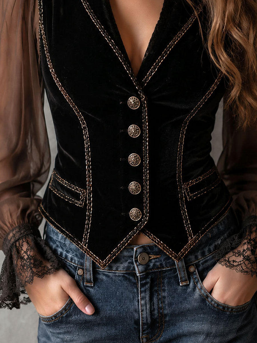 Vintage Black Velvet Contrast Stitch Vest With Sheer Chiffon Sleeve