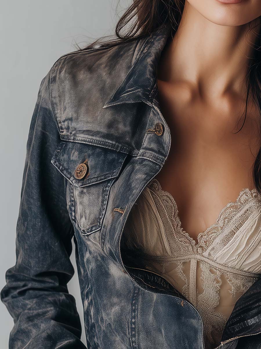 Vintage Western Washed Frayed Hem Pocket Button Down Cropped Denim Jacket