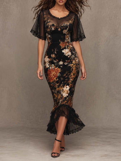 Vintage Gothic Floral Print Lace Mesh Short Sleeve Mermaid Midi Dress