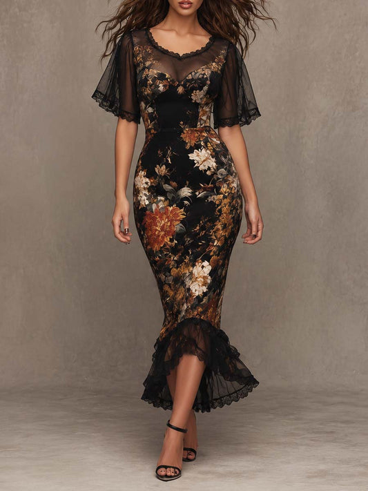 Vintage Gothic Floral Print Lace Mesh Short Sleeve Mermaid Midi Dress