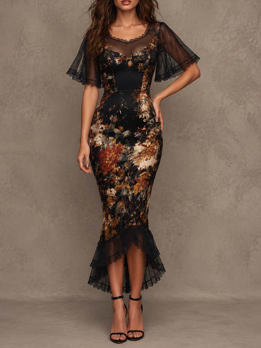 Vintage Gothic Floral Print Lace Mesh Short Sleeve Mermaid Midi Dress