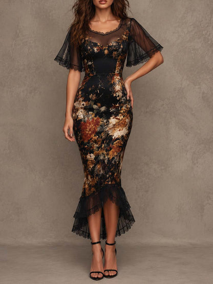 Vintage Gothic Floral Print Lace Mesh Short Sleeve Mermaid Midi Dress