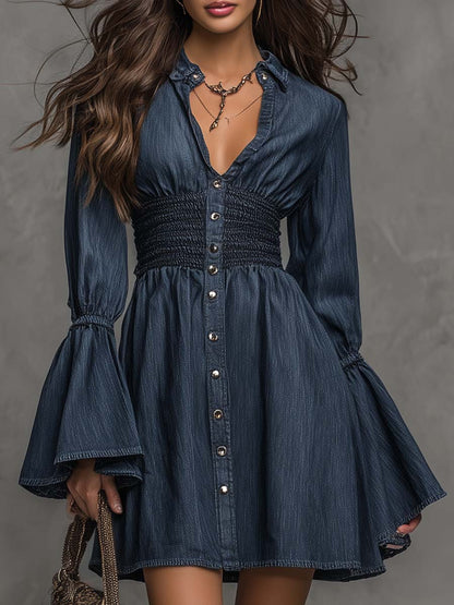 Boho Vintage Collared Button Front Smocked Waist Flare Long Sleeve Mini Denim Dress