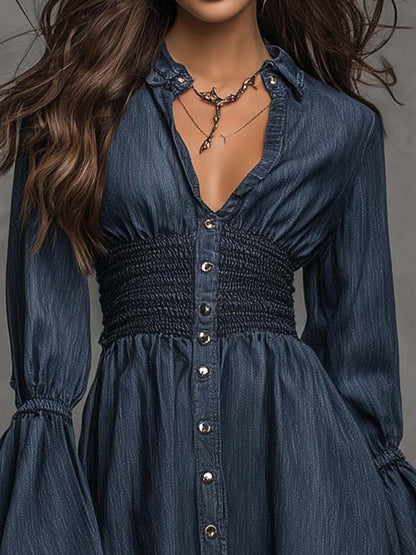 Boho Vintage Collared Button Front Smocked Waist Flare Long Sleeve Mini Denim Dress