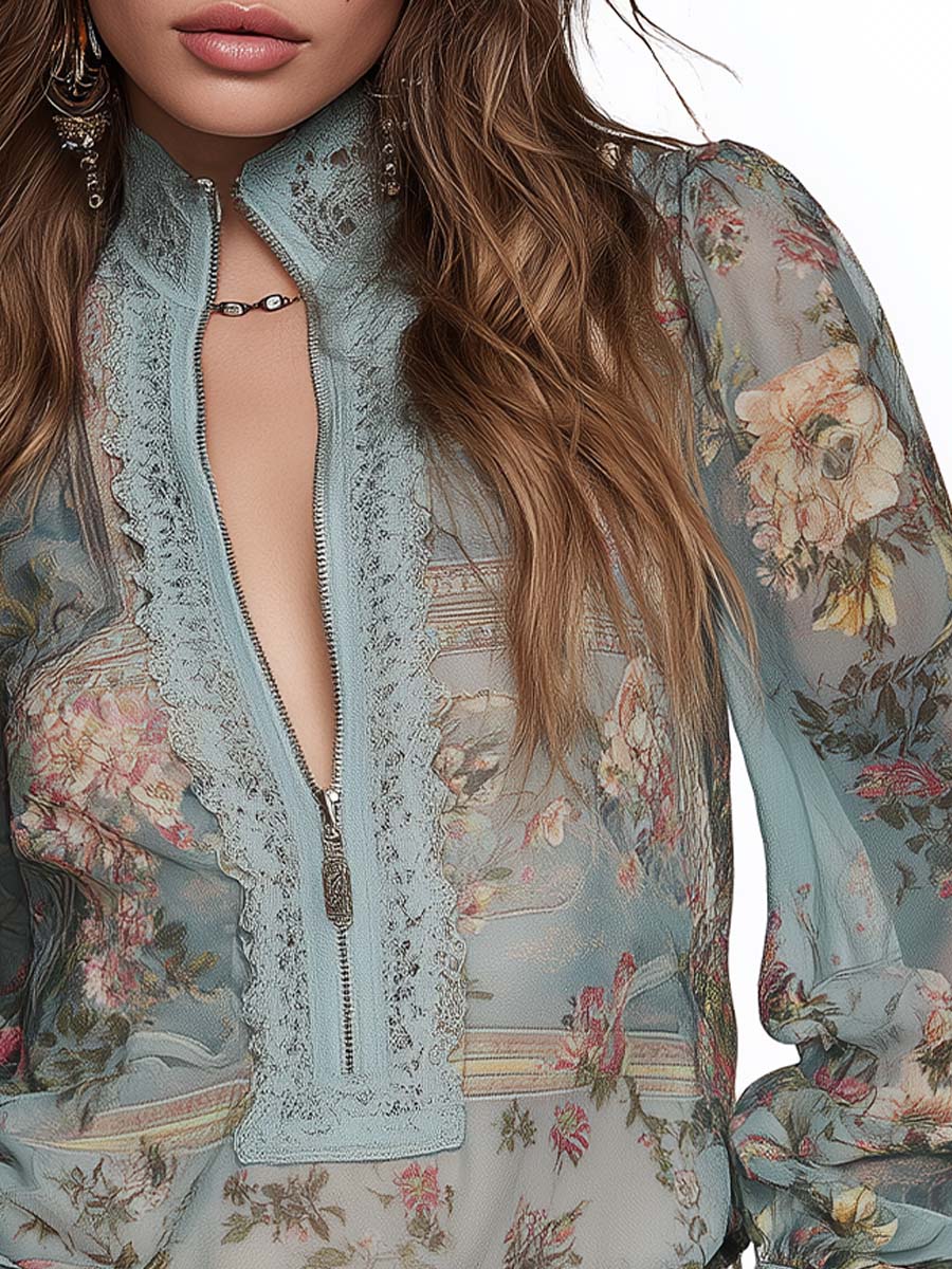 Boho Vintage Floral Print Lace Trim Zip Front Puff Long Sleeve Sheer Blouse