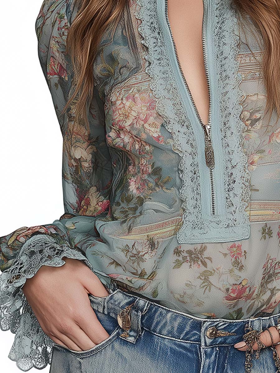 Boho Vintage Floral Print Lace Trim Zip Front Puff Long Sleeve Sheer Blouse