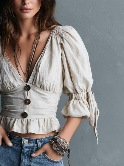 Boho Cotton Deep V Button-Front Puff Sleeve Peplum Blouse