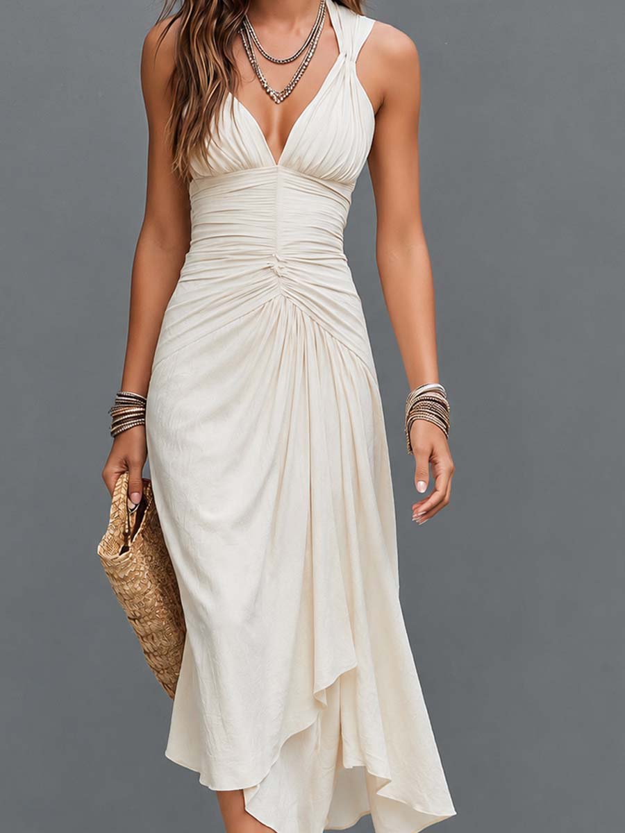 Boho Ruched Deep V Halter Asymmetric Midi Dress