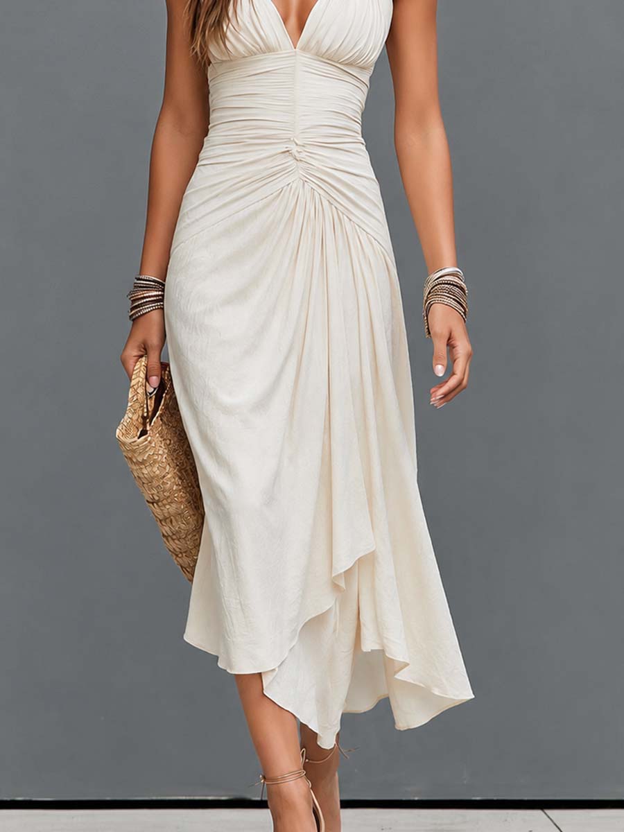 Boho Ruched Deep V Halter Asymmetric Midi Dress