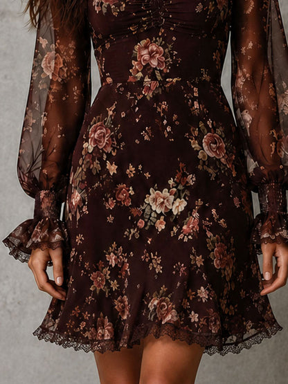 Boho Chocolate Floral Chiffon Lace Trim Square Neck Ruched Mini Dress
