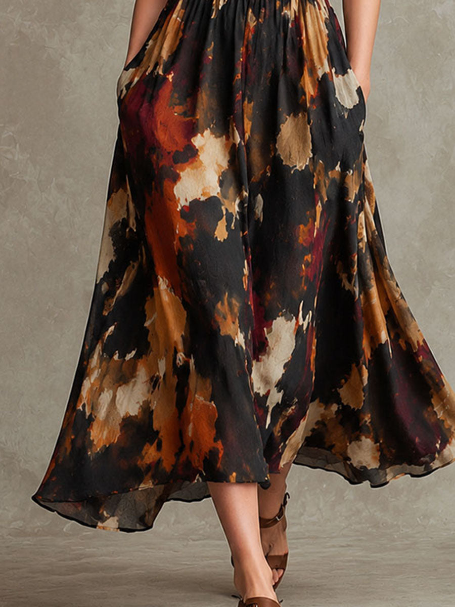 Vintage Ink Splash Print Smocked Waist Cap Sleeve Midi Dress