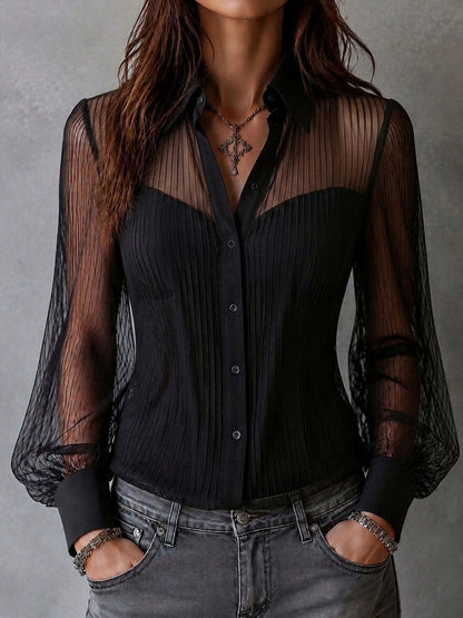 Retro Black Lapel Zip Pocket Vest And Sheer Pleated Shirt 2Pcs Set