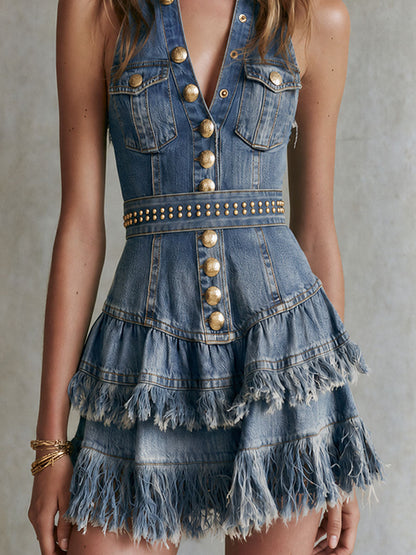 Sleeveless Studded Belt Fringe Denim Mini Dress