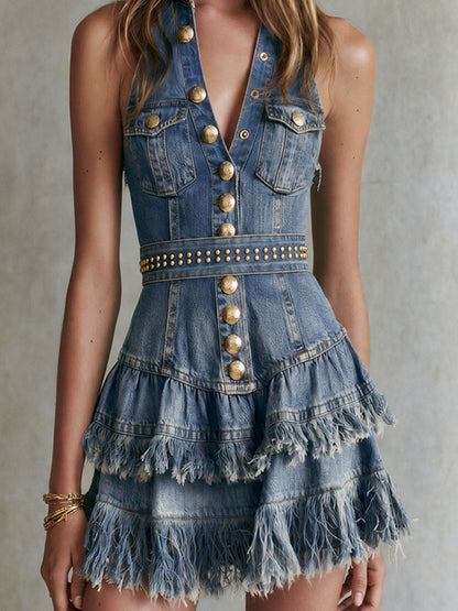 Sleeveless Studded Belt Fringe Denim Mini Dress