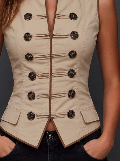Vintage Military-style Buttons Cotton-linen Vest