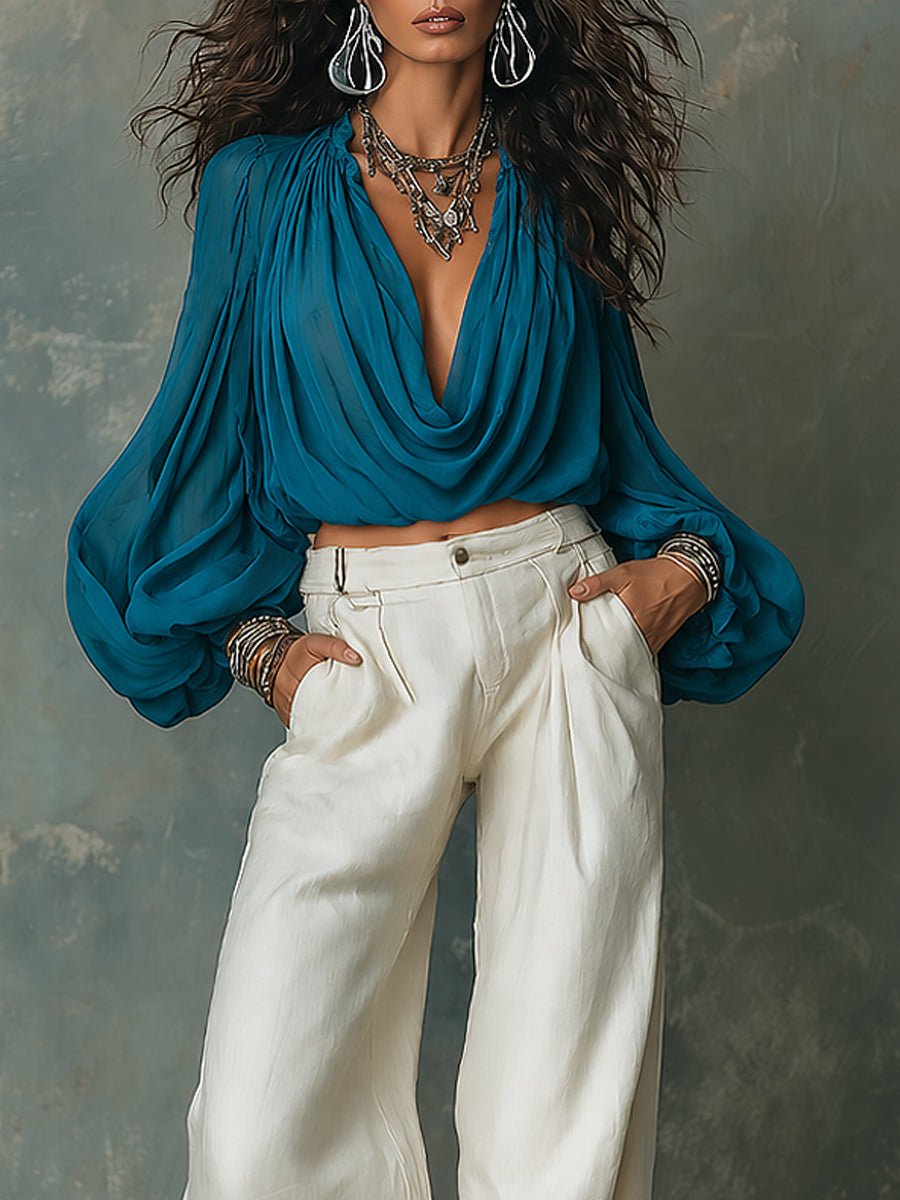 Boho-style Draped-neck Chiffon Blouse & Cotton-linen Wide-leg Pants Set
