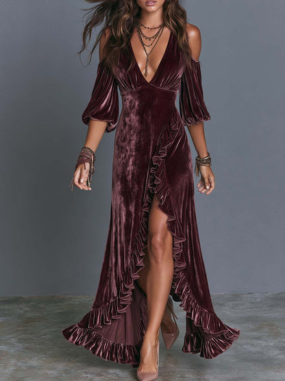 Boho Velvet Deep V Cold Shoulder Ruffle High-Slit Maxi Dress