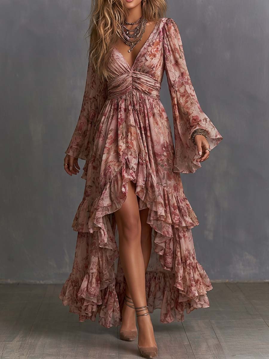 Boho Floral Deep V Bell Sleeve High-Low Ruffle Maxi Dress