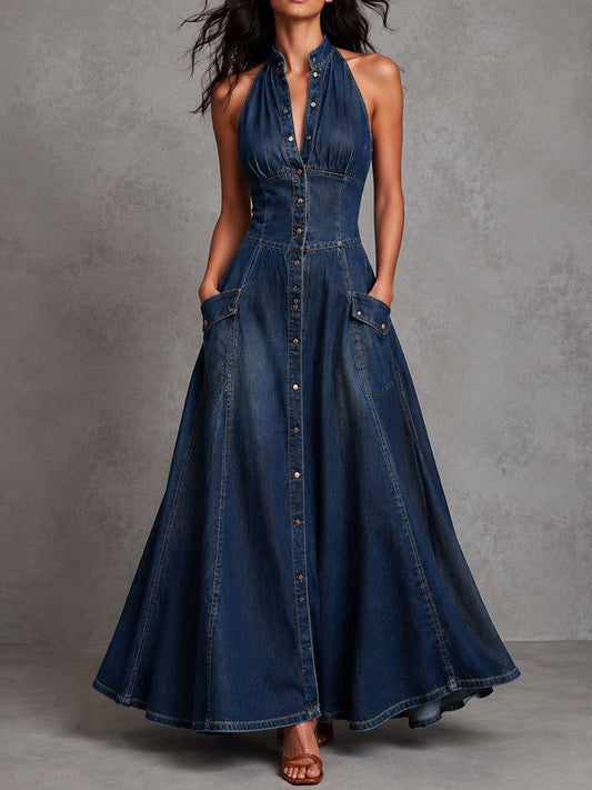 Retro Elegant Dark Denim Halter Neck Pocket A Line Maxi Dress