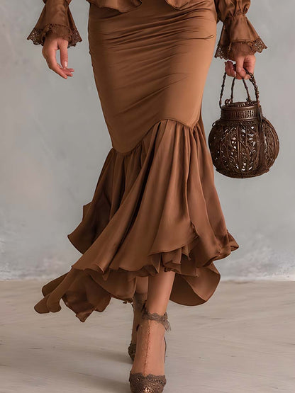 Vintage Tencel-polyester Blend Flare Hem Two-piece Set