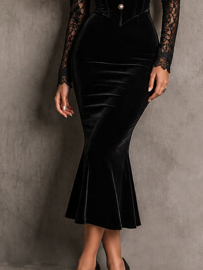Retro Elegant Black Velvet Lace Sleeve Corset Mermaid Midi Dress