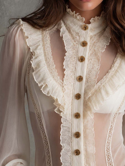 Elegant Vintage Ruffle Lace Trim Stand Collar Puff Long Sleeve Blouse