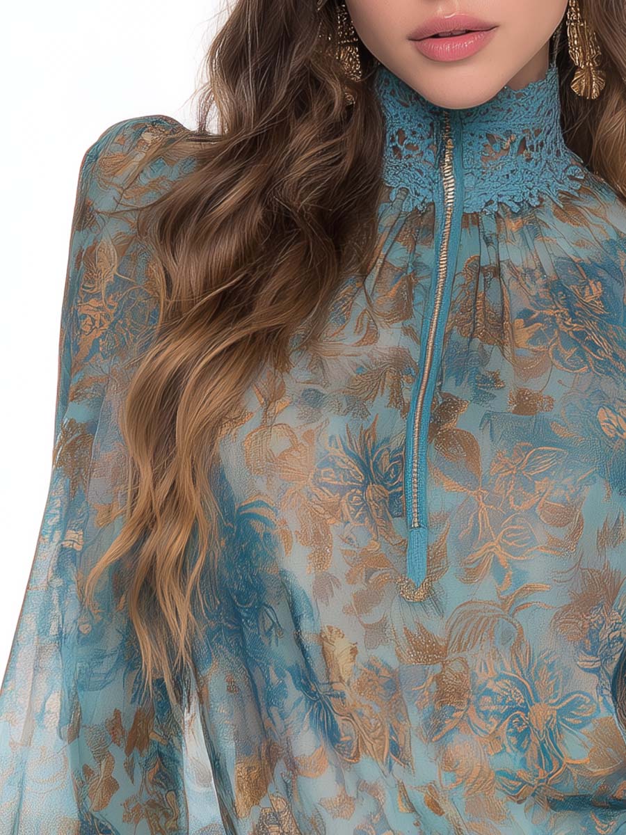 Boho Vintage Floral Print Lace High Neck Zip Front Puff Flare Long Sleeve Blouse