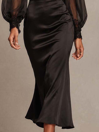 Elegant Gothic Vintage Lace Mesh Puff Long Sleeve Satin Mermaid Midi Dress