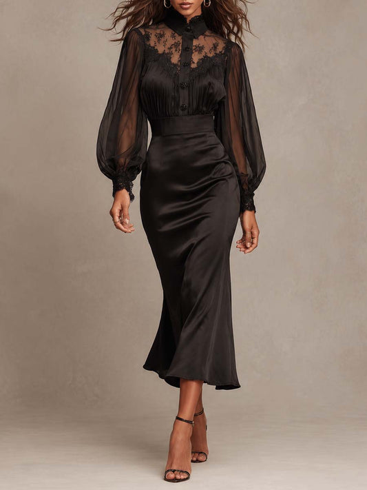 Elegant Gothic Vintage Lace Mesh Puff Long Sleeve Satin Mermaid Midi Dress