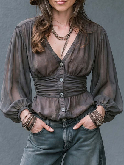 Boho Sheer Deep V Button-Front Bishop Sleeve Blouse
