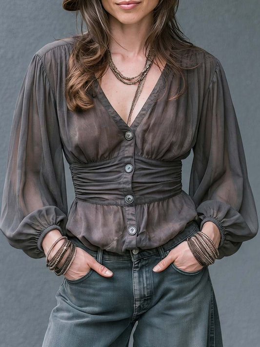 Boho Sheer Deep V Button-Front Bishop Sleeve Blouse
