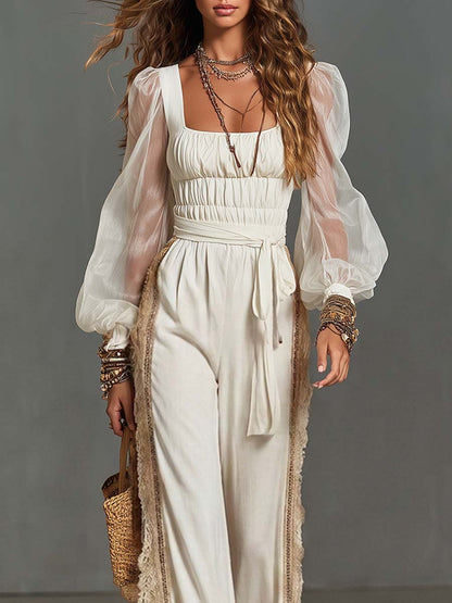 Boho Smocked Square Neck Sheer Bishop Sleeve Wide-Leg Jumpsuit
