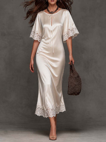 Elegant Vintage Tie Keyhole Lace Trim Short Sleeve Satin Midi Slip Dress