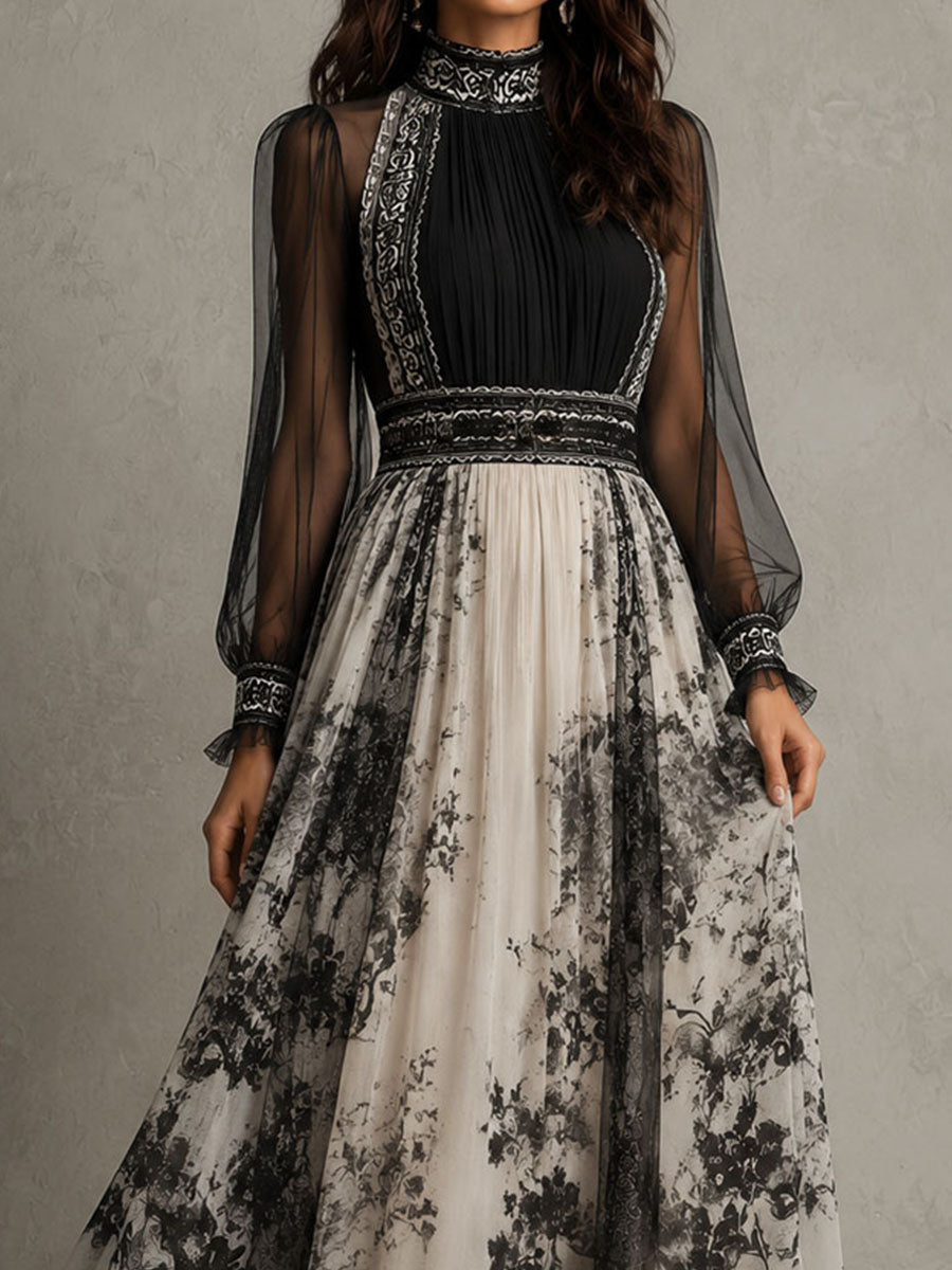 Retro Ink Floral Print Sheer Sleeve High Neck Pleated Maxi Dress