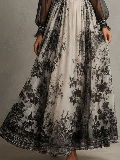 Retro Ink Floral Print Sheer Sleeve High Neck Pleated Maxi Dress