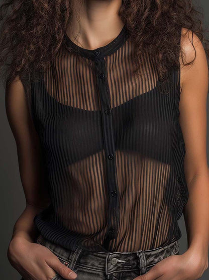 Vintage Vertical Striped Sheer Crew Neck Button Front Sleeveless Tank