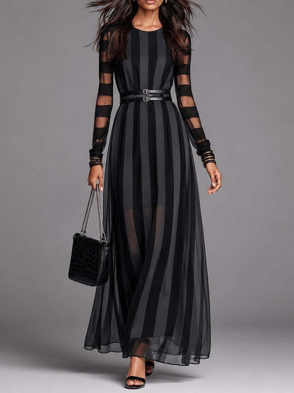 Gothic Striped Mesh Long Sleeve Double Buckle Belted Maxi Chiffon Dress