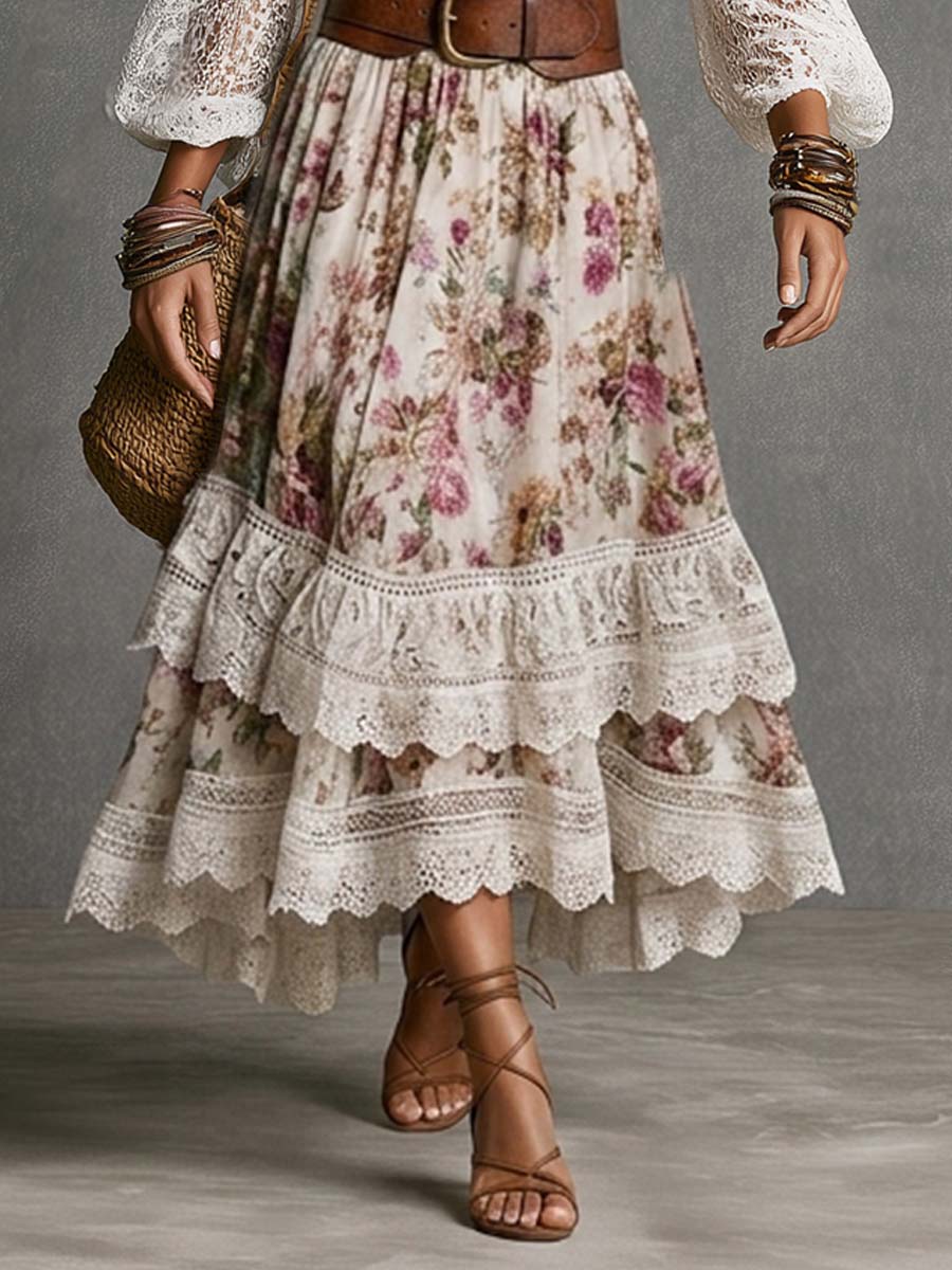 Boho Off-Shoulder Lace Sleeve Top & Floral Tiered Midi Skirt Set