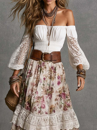 Boho Off-Shoulder Lace Sleeve Top & Floral Tiered Midi Skirt Set