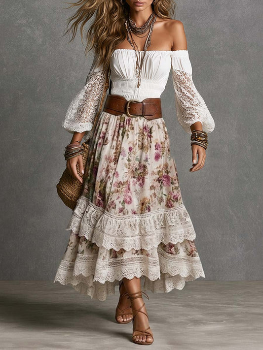 Boho Off-Shoulder Lace Sleeve Top & Floral Tiered Midi Skirt Set