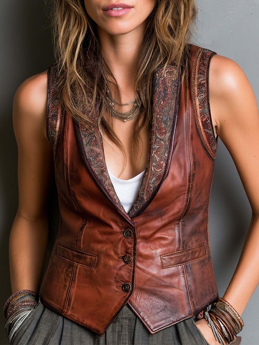 Boho Brown Leather Paisley Trim Button-Front Vest