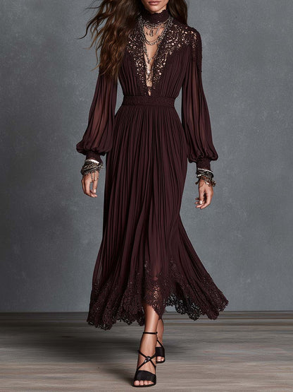 Boho Lace-Trim Deep V Pleated Bishop Sleeve Midi Dress