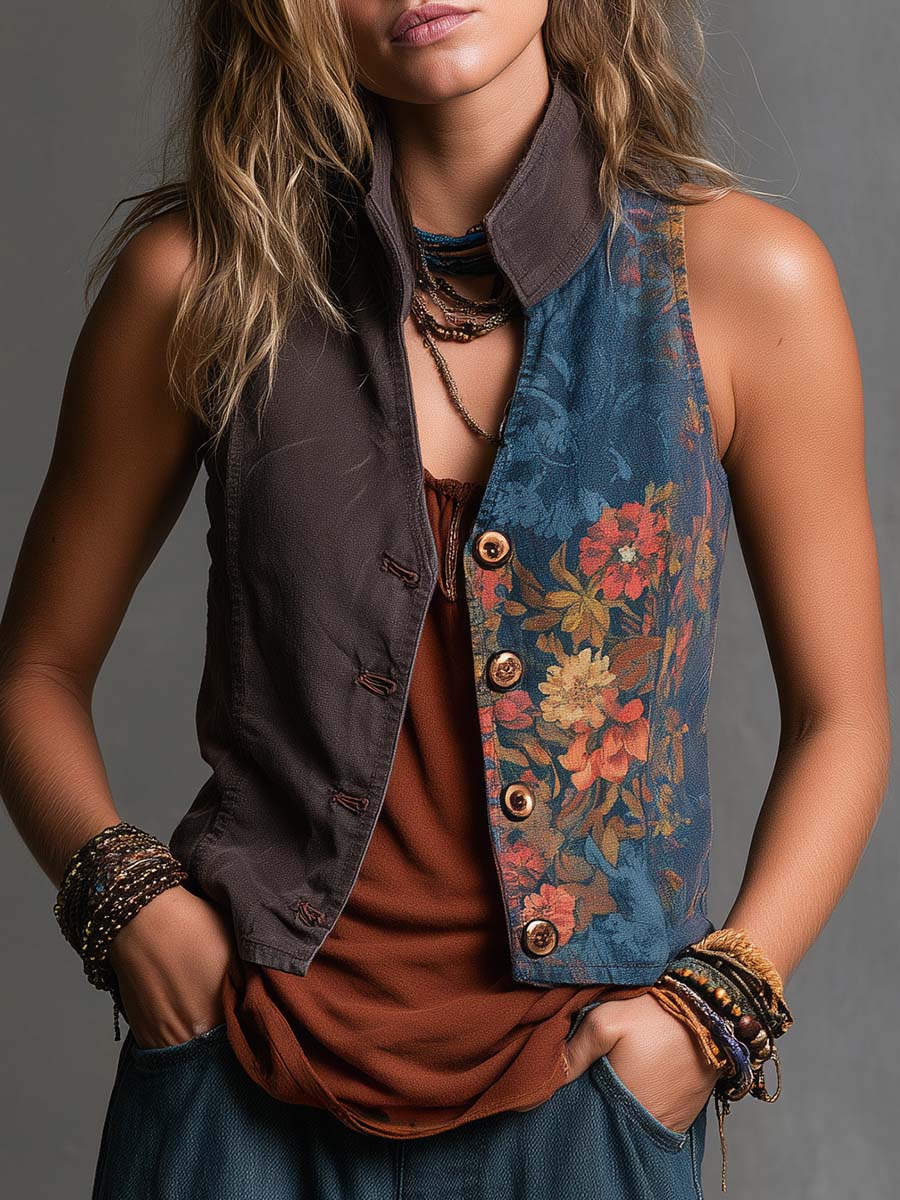 Boho Floral Patchwork Button-Front Vest