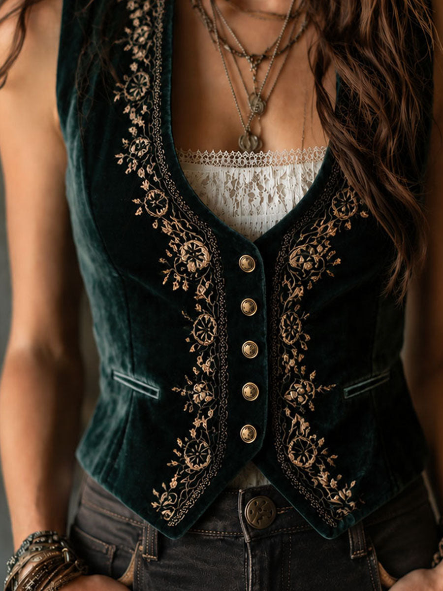 Boho Vintage Embroidered Dark Green Velvet Vest With Pockets