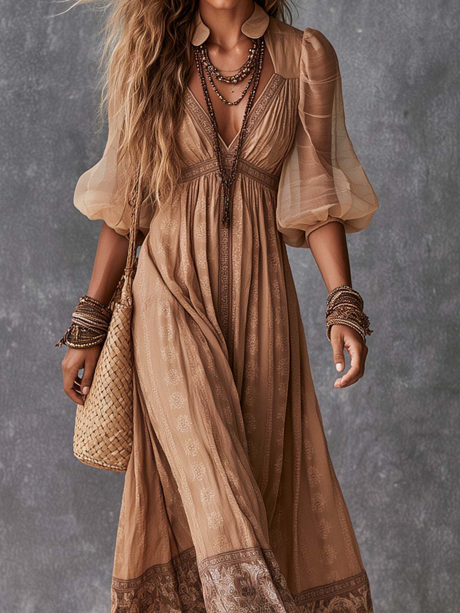 Boho Deep V Bishop Sleeve Border Print Maxi Dress