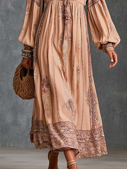 Boho Paisley Border Print Tie-Neck Bishop Sleeve Midi Dress