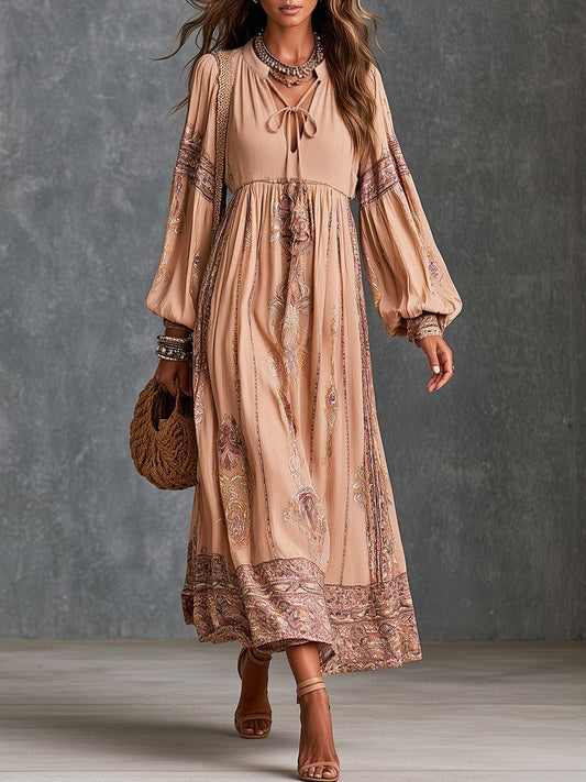Boho Paisley Border Print Tie-Neck Bishop Sleeve Midi Dress