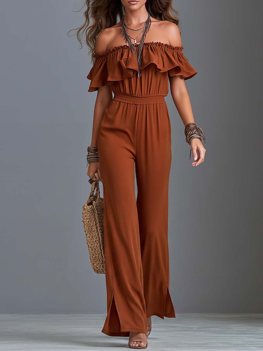 Boho Off-Shoulder Ruffle Wide-Leg Jumpsuit