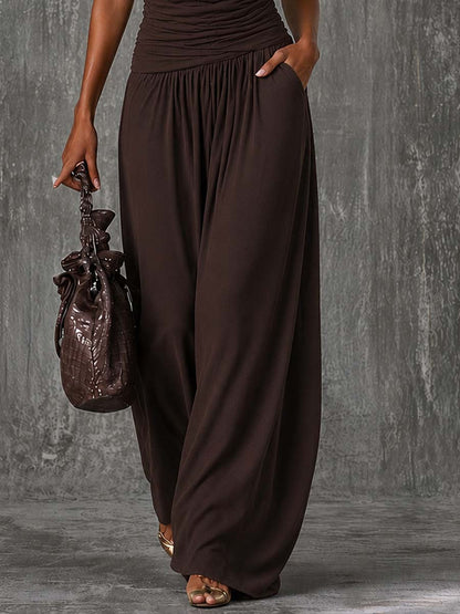 Boho Draped Lace Halter Ruched Waist Pocket Wide Leg Brown Jumpsuit